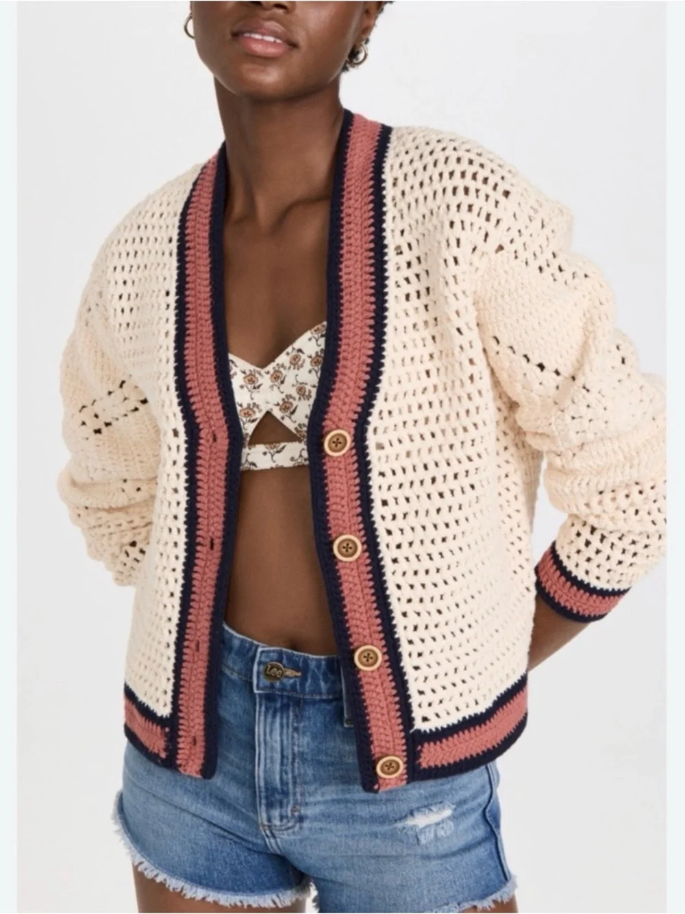 Re/Done Cream Crochet V-Neck Cardigan with Navy & Rust Trim - Picture 2 of 2